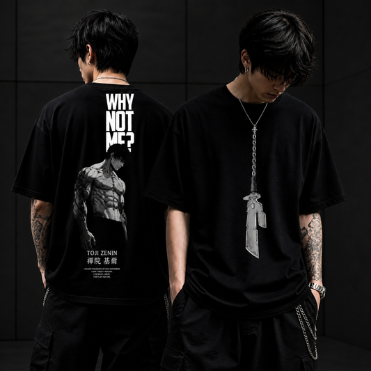 Toji Zenin “Why Not Me?” Streetwear T-Shirt – Oversized Anime Graphic Tee with Front Sword Design